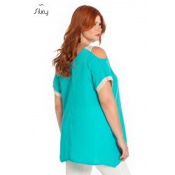 Τιρκουάζ μπλούζα Silky με ανοίγματα στους ώμους