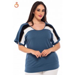 Ίντιγκο μπλούζα Sugar με τριχρωμία στους ώμους