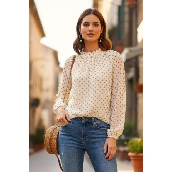 Πουά μπλούζα με μάο γιακά