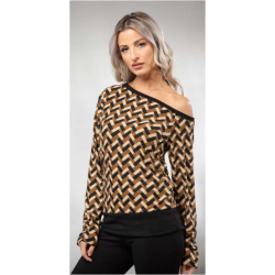 Εμπριμέ μπλούζα με άνοιγμα στον ώμο