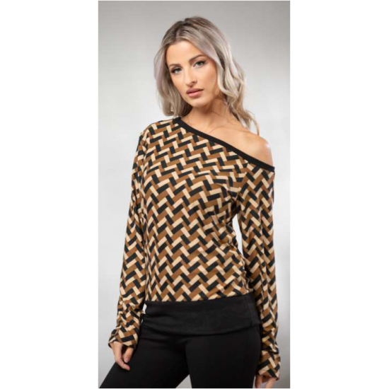 Εμπριμέ μπλούζα με άνοιγμα στον ώμο